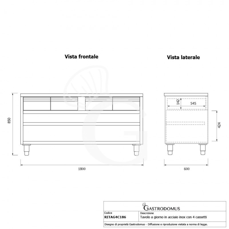 Tavolo a giorno in acciaio inox con 4 cassetti, L 1800 mm x P 600 mm x H 850 mm - tecnico