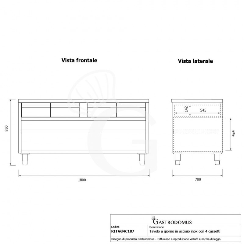 Tavolo a giorno in acciaio inox con 4 cassetti, L 1800 mm x P 700 mm x H 850 mm - tecnico