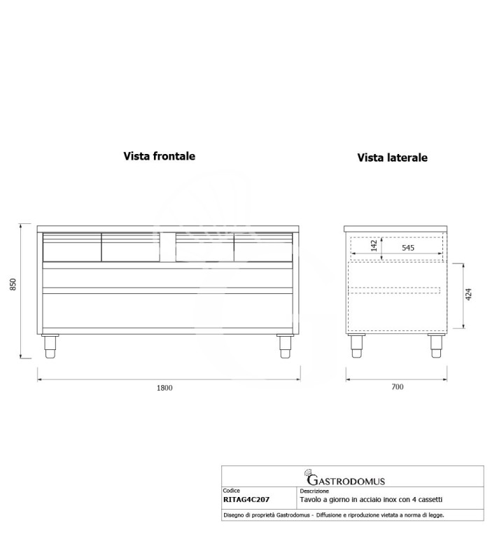 Tavolo a giorno in acciaio inox con 4 cassetti, L 2000 mm x P 700 mm x H 850 mm - tecnico