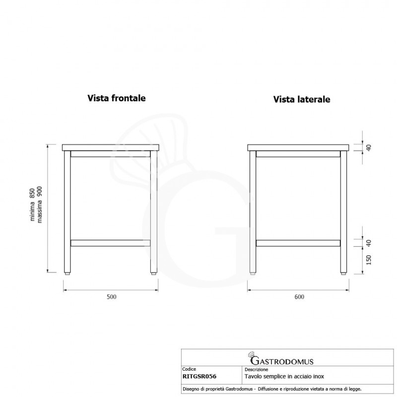 Tavolo inox con misure L 500 mm x P 600 mm x H 850 mm