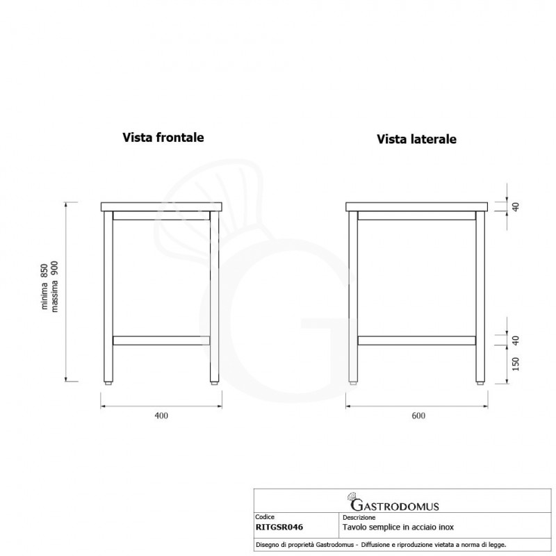 Tavolo inox L 400 mm x P 600 mm x H 850 mm