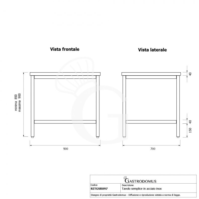 Tavolo inox L 900 mm x P 700 mm x H 850 mm