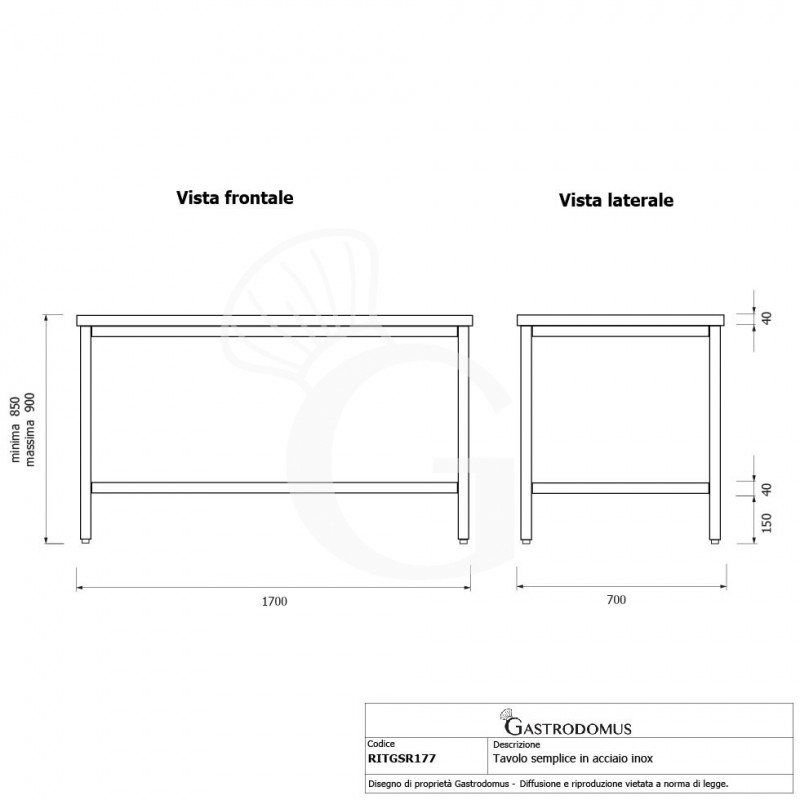 Tavolo inox L 1700 mm x P 700 mm x H 850 mm