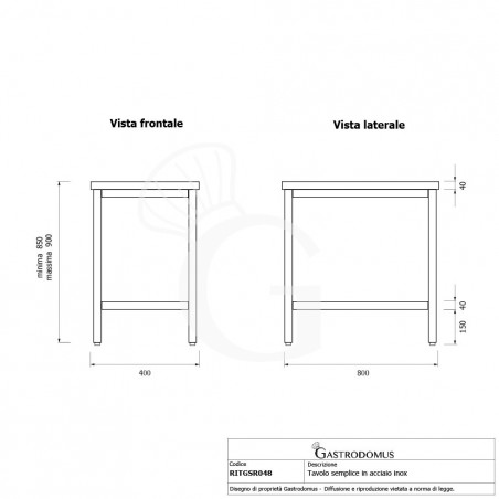 Tavolo inox L 400 mm x P 800 mm x H 850 mm Tavolo inox L 400 mm x P 800 mm x H 850 mm