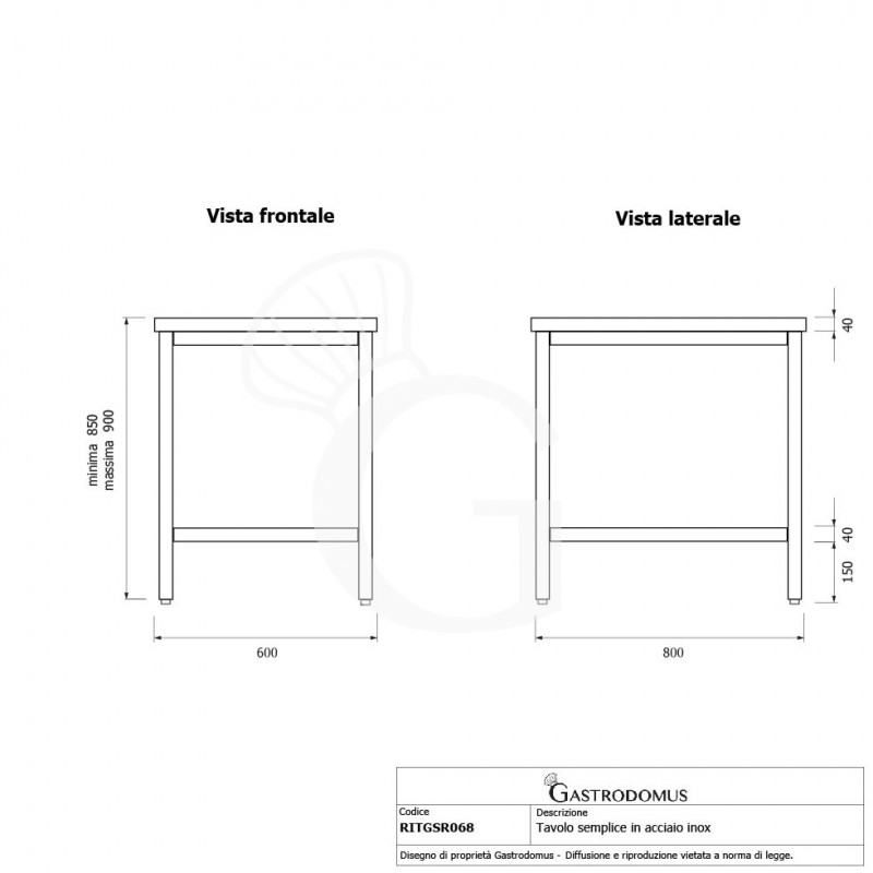Tavolo inox L 600 mm x P 800 mm x H 850 mm