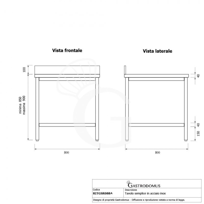 Tavolo inox con alzatina L 800 mm x P 800 mm x H 950 mm