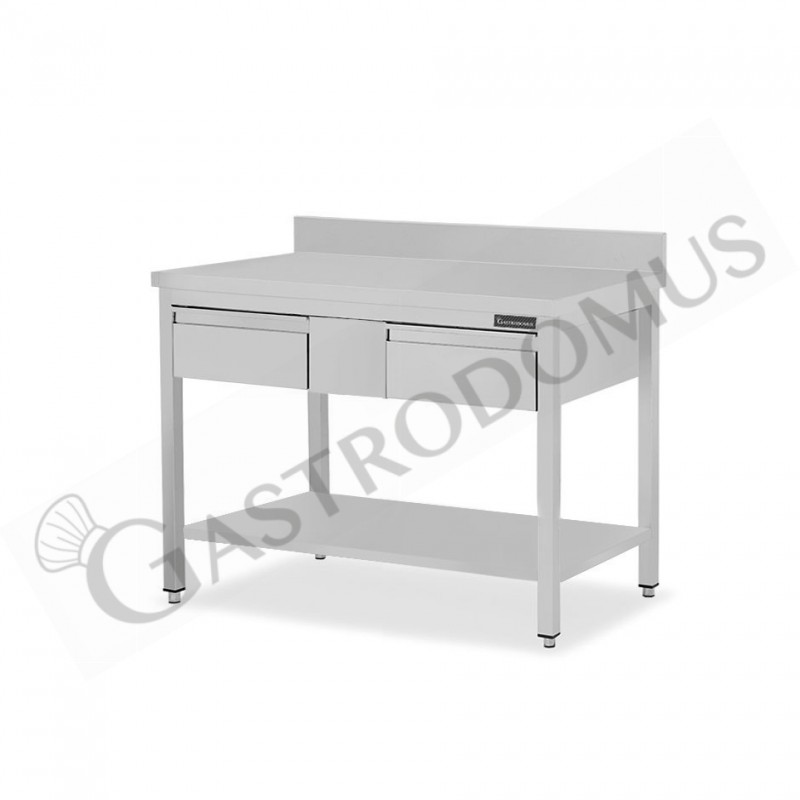 Tavolo inox ripiano alzatina 2 cassetti L 1200 mm x P 800 mm x H 950 mm Tavolo inox ripiano alzatina 2 cassetti L 1200 mm x P 800 mm x H 950 mm