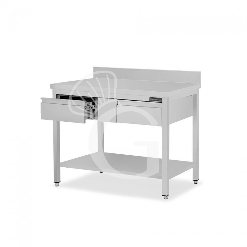 Tavolo inox ripiano alzatina 2 cassetti L 1200 mm x P 800 mm x H 950 mm