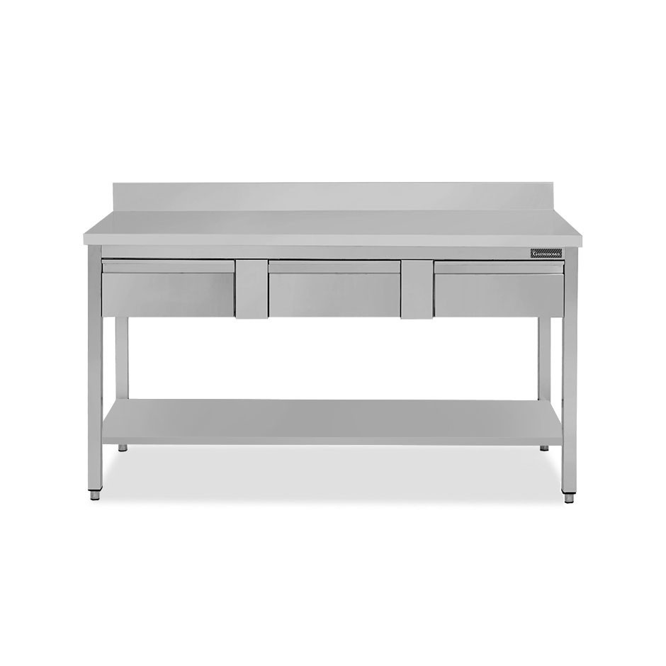 Tavolo inox ripiano alzatina 3 cassetti L 1400 mm x P 800 mm x H 950 mm