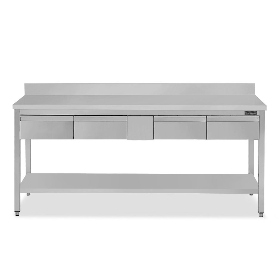 Tavolo inox ripiano alzatina 4 cassetti L 2000 mm x P 700 mm x H 950 mm