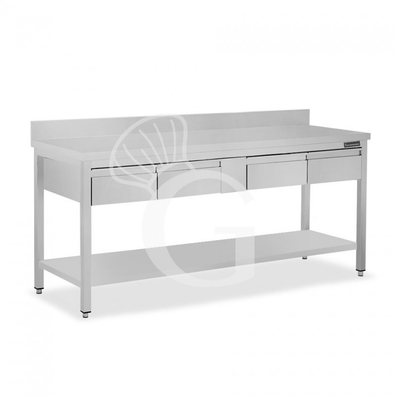 Tavolo inox ripiano alzatina 4 cassetti L 1800 mm x P 800 mm x H 950 mm