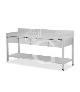 Tavolo inox ripiano alzatina 4 cassetti L 2000 mm x P 800 mm x H 950 mm