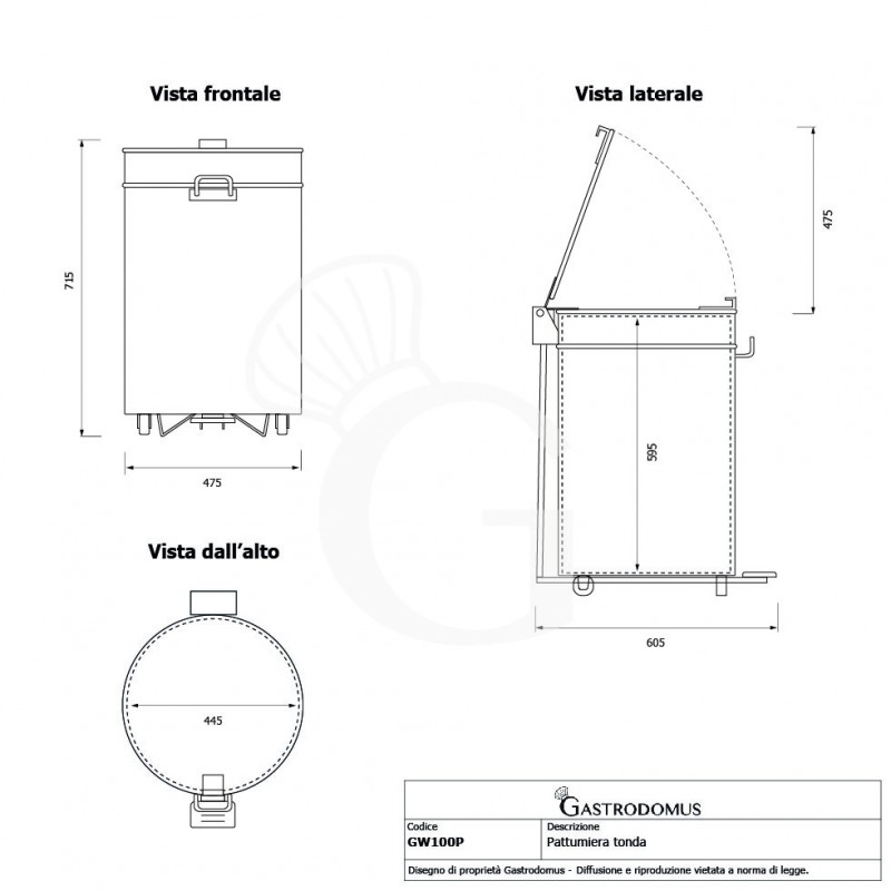 Pattumiera tonda diametro 475 mm in acciaio inox apertura tramite pedale 100 LT - tecnico