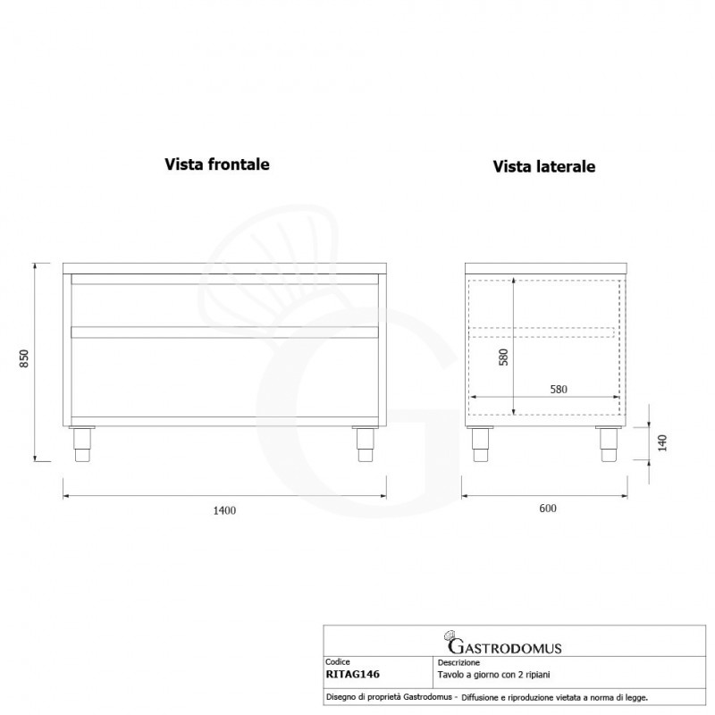 Tavolo a giorno in acciaio inox con 2 ripiani L 1400 mm x P 600 mm x H 850 mm - tecnico