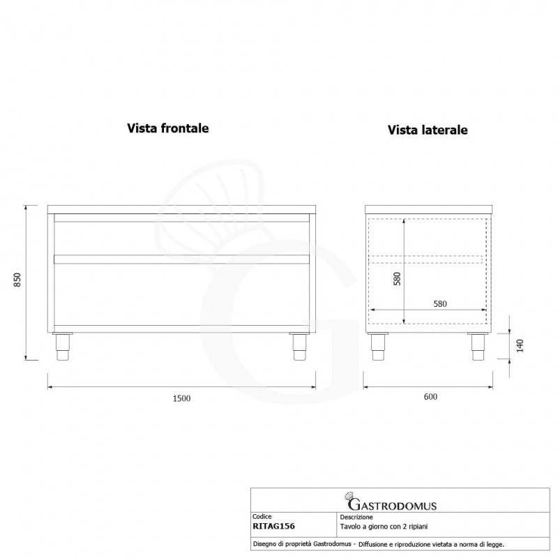 Tavolo a giorno in acciaio inox con 2 ripiani L 1500 mm x P 600 mm x H 850 mm - tecnico