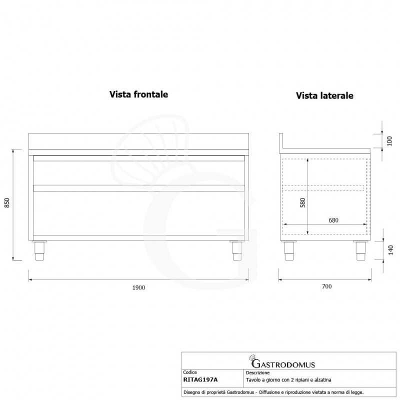 Tavolo a giorno in acciaio inox con 2 ripiani, alzatina L 1900 mm x P 700 mm x H 950 mm - tecnico