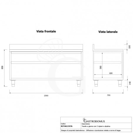Tavolo a giorno in acciaio inox con 2 ripiani, alzatina L 1900 mm x P 700 mm x H 950 mm - tecnico Tavolo a giorno in acciaio inox con 2 ripiani, alzatina L 1900 mm x P 700 mm x H 950 mm - tecnico