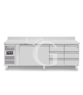 Tavolo Refrigerato 6 cassetti 2 porte 700 mm -2°C/+8°C alzatina, motore a sinistra