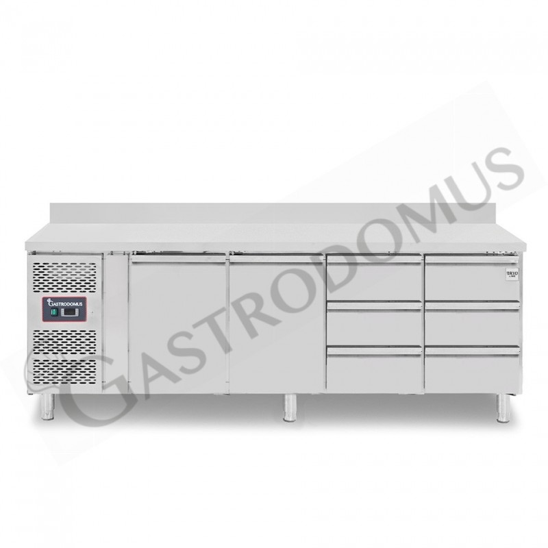 Tavolo Refrigerato 6 cassetti 2 porte 700 mm -2°C/+8°C alzatina, motore a sinistra
