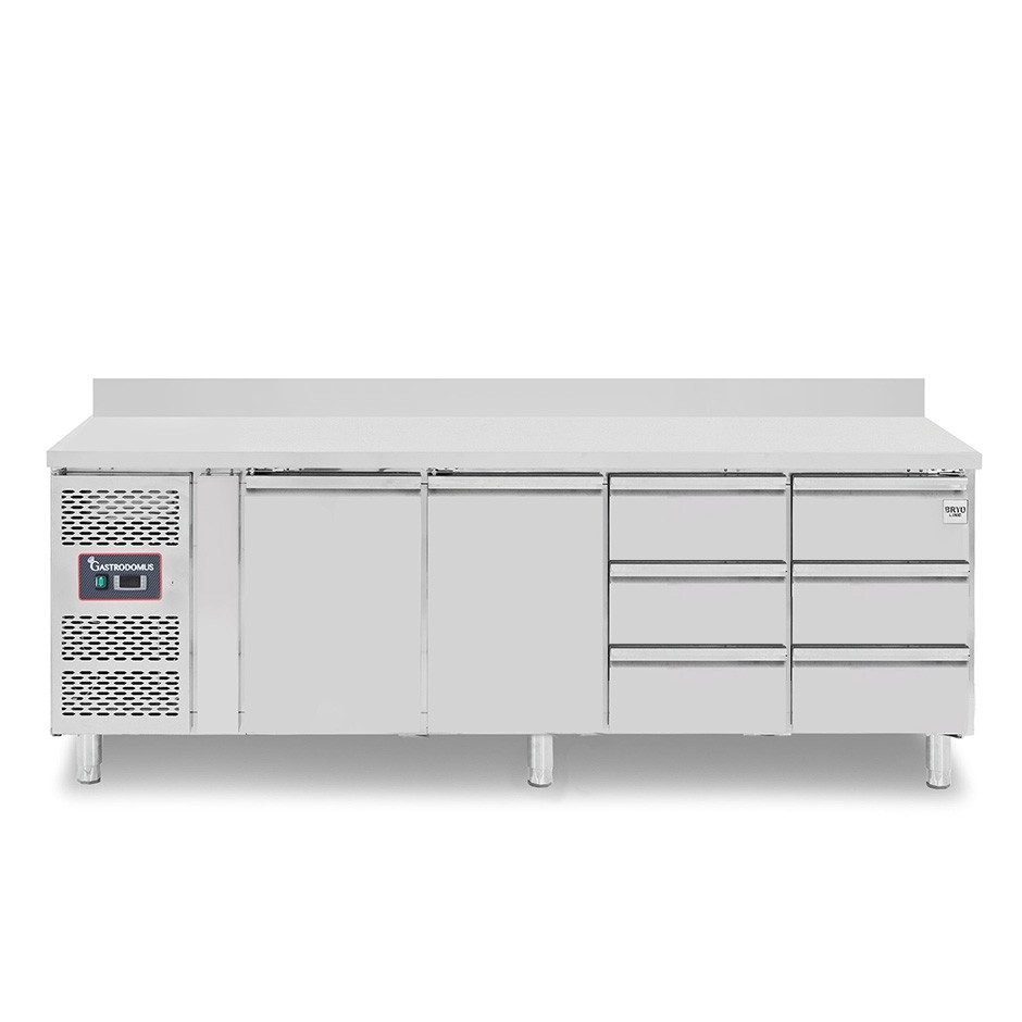 Tavolo Refrigerato 6 cassetti 2 porte 700 mm -2°C/+8°C alzatina, motore a sinistra