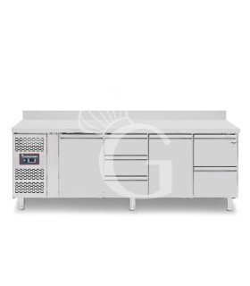 Tavolo refrigerato 5 cassetti 2 porte 700 mm -2°C/+8°C alzatina, motore a sinistra