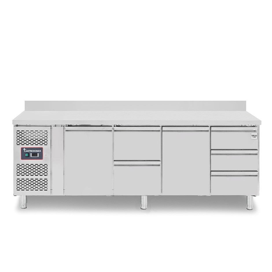 Tavolo refrigerato 5 cassetti 2 porte 700 mm -2°C/+8°C alzatina, motore a sinistra