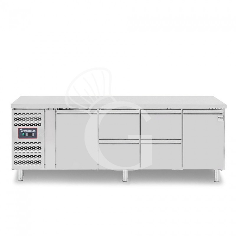 Tavolo refrigerato 4 cassetti 2 porte 700 mm -2°C/+8°C, motore a sinistra