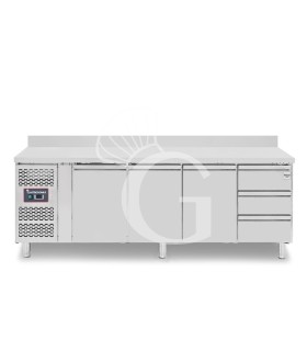 Tavolo refrigerato 3 cassetti 3 porte 700 mm -2°C/+8°C alzatina, motore a sinistra