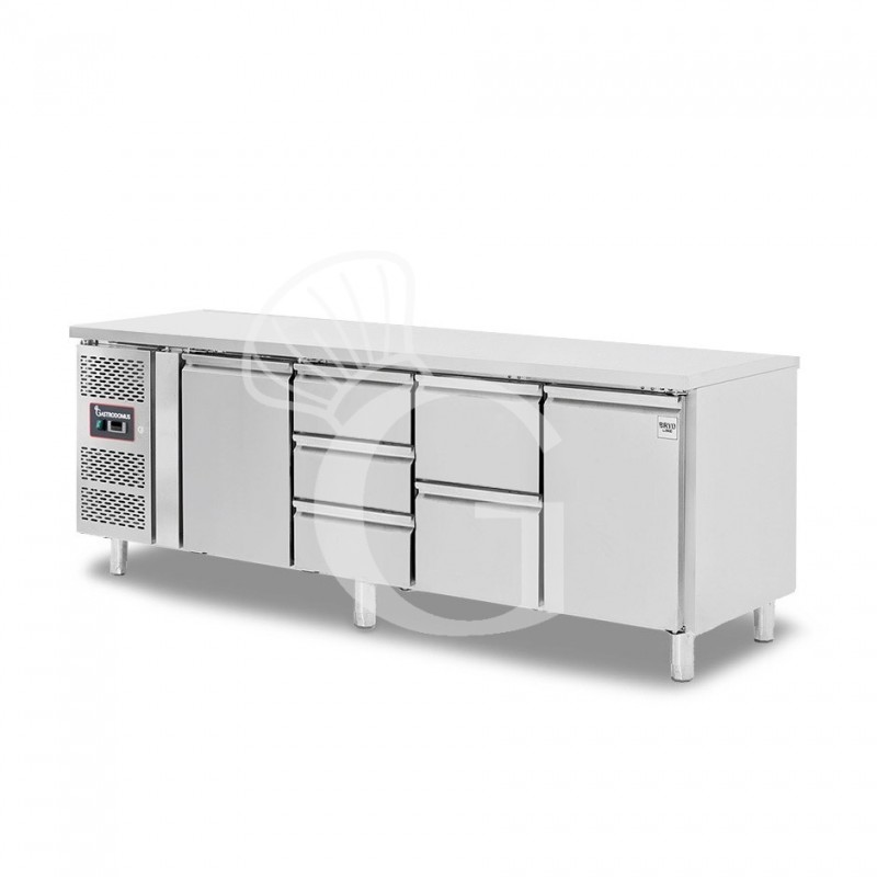 Tavolo refrigerato 5 cassetti 2 porte 700 mm -2°C/+8°C, motore a sinistra