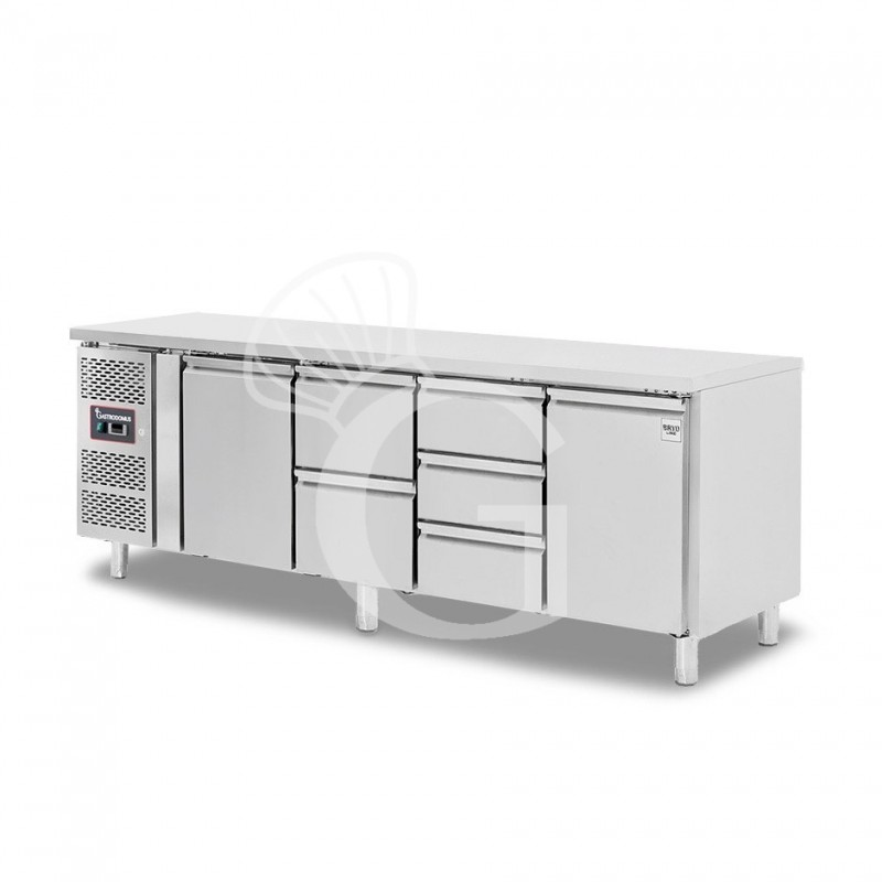 Tavolo refrigerato 5 cassetti 2 porte 700 mm -2°C/+8°C, motore a sinistra