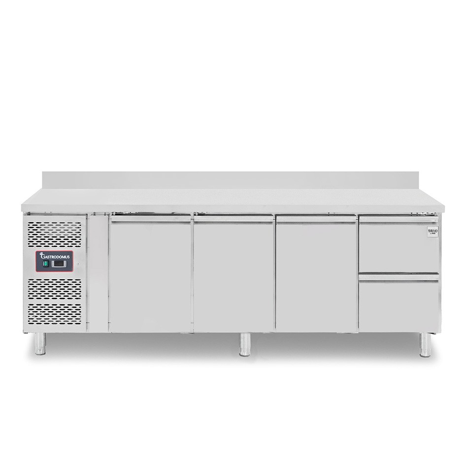 Tavolo refrigerato 2 cassetti 3 porte 700 mm -2°C/+8°C alzatina, motore a sinistra