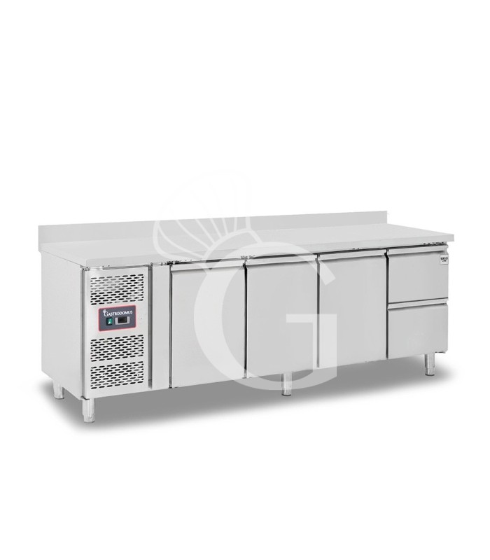 Tavolo refrigerato 2 cassetti 3 porte 700 mm -2°C/+8°C alzatina, motore a sinistra