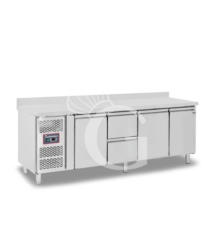 Tavolo refrigerato 2 cassetti 3 porte 700 mm -2°C/+8°C alzatina, motore a sinistra