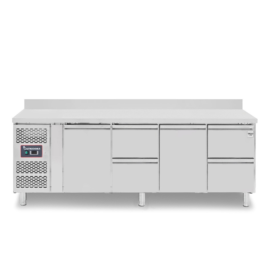 Tavolo refrigerato 4 cassetti 2 porte 700 mm -2°C/+8°C alzatina, motore a sinistra