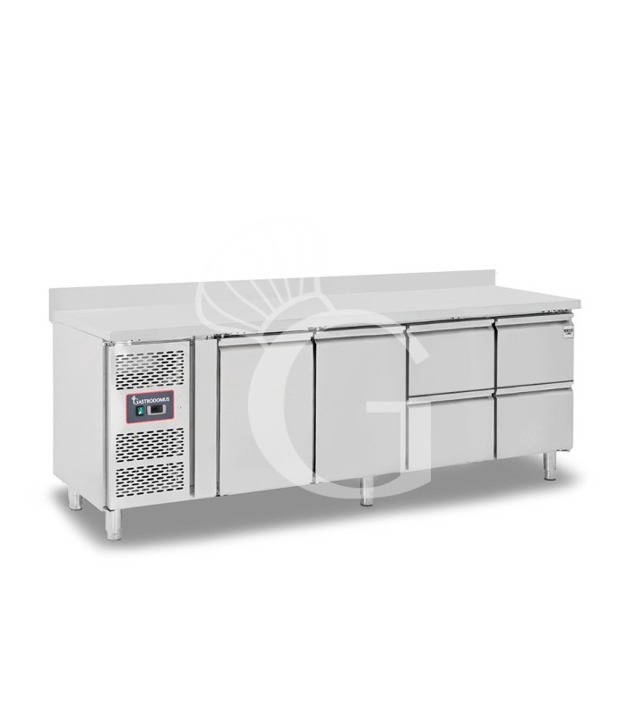Tavolo refrigerato 4 cassetti 2 porte 700 mm -2°C/+8°C alzatina, motore a sinistra