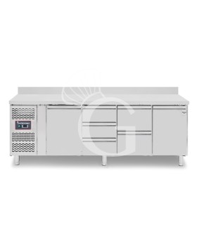 Tavolo refrigerato 5 cassetti 2 porte 700 mm -2°C/+8°C alzatina, motore a sinistra