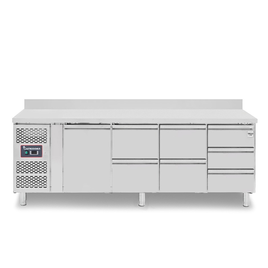 Tavolo refrigerato 7 cassetti 1 porta 700 mm -2°C/+8°C alzatina, motore a sinistra