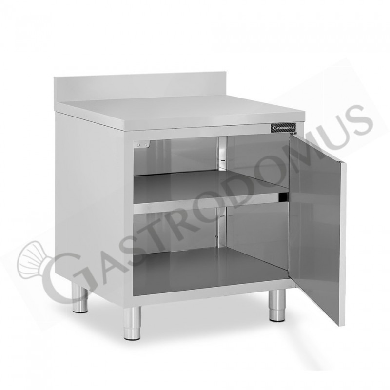 Tavolo armadiato inox con 1 porta battente, alzatina, L 700 mm x P 600 mm x H 950 mm