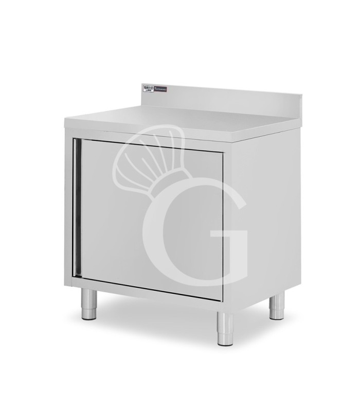 Tavolo armadiato inox con 1 porta battente, alzatina, L 600 mm x P 600 mm x H 950 mm