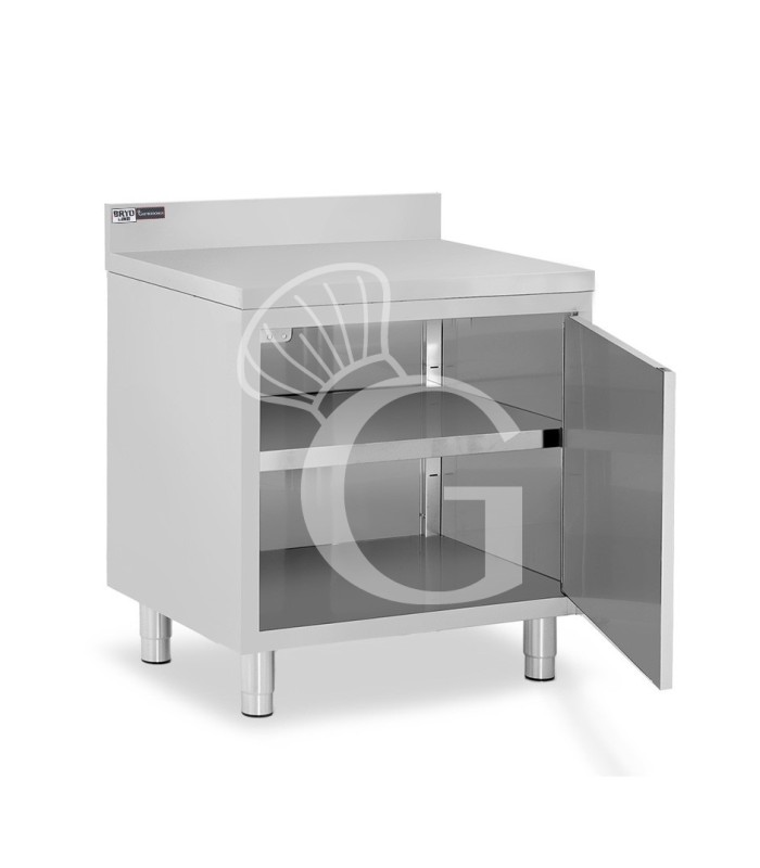 Tavolo armadiato inox con 1 porta battente, alzatina, L 600 mm x P 600 mm x H 950 mm