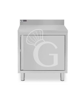 Tavolo armadiato inox con 1 porta battente, alzatina, L 600 mm x P 600 mm x H 950 mm