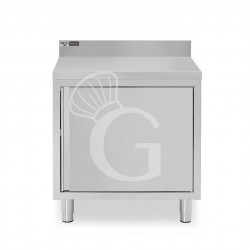 Tavolo armadiato inox con 1 porta battente, alzatina, L 600 mm x P 700 mm x H 950 mm