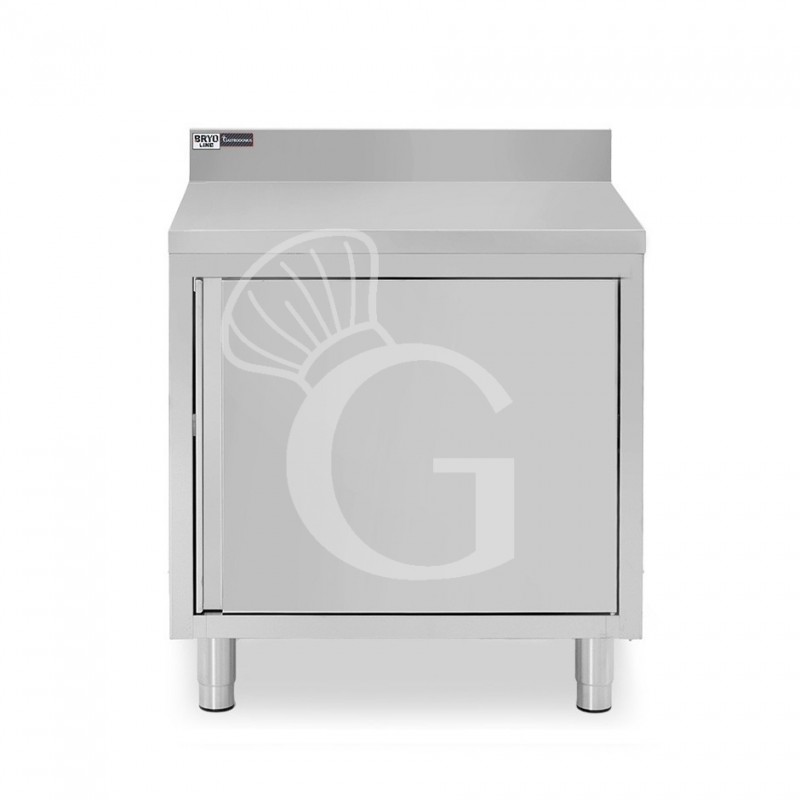 Tavolo armadiato inox con 1 porta battente, alzatina, L 600 mm x P 700 mm x H 950 mm