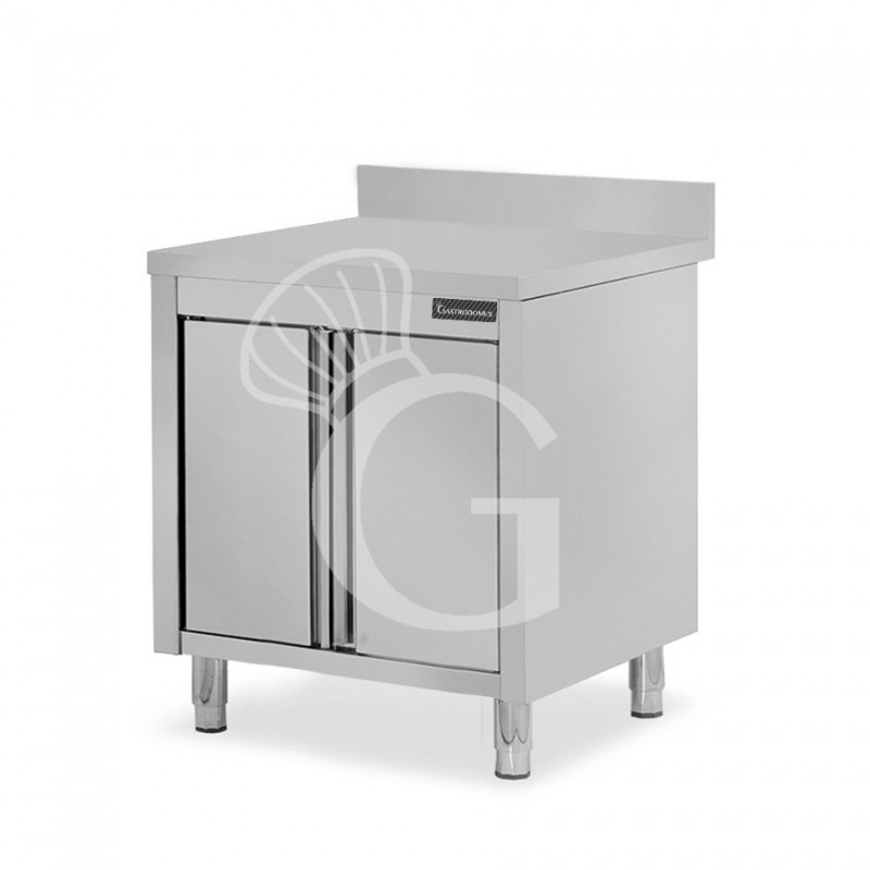 Tavolo armadiato inox con 2 porte battenti, alzatina, L 900 mm x P 600 mm x H 950 mm