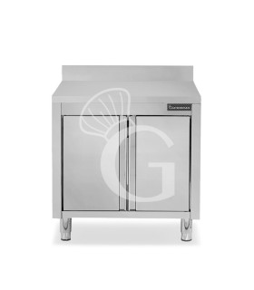 Tavolo armadiato inox con 2 porte battenti, alzatina, L 900 mm x P 600 mm x H 950 mm