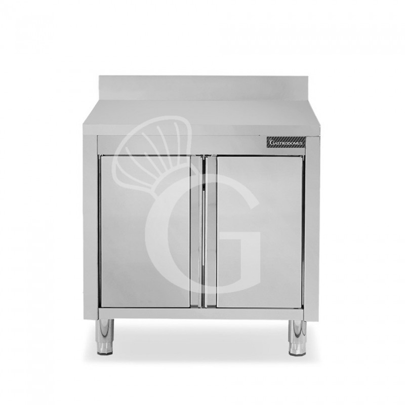 Tavolo armadiato inox con 2 porte battenti, alzatina, L 900 mm x P 600 mm x H 950 mm