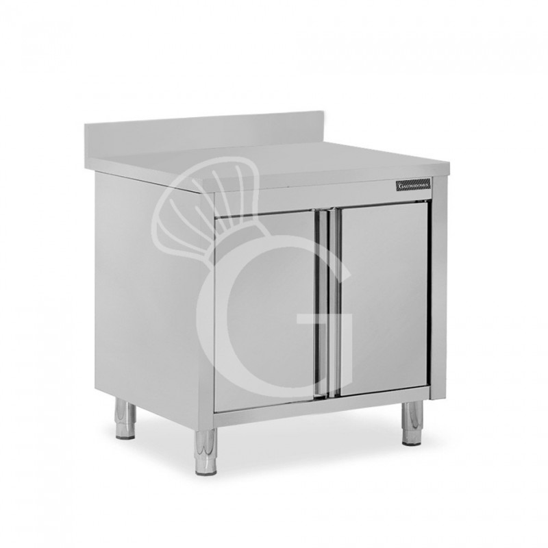 Tavolo armadiato inox con 2 porte battenti, alzatina, L 900 mm x P 600 mm x H 950 mm