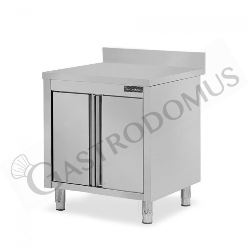 Tavolo armadiato inox con 2 porte battente, alzatina, L 900 mm x P 700 mm x H 950 mm
