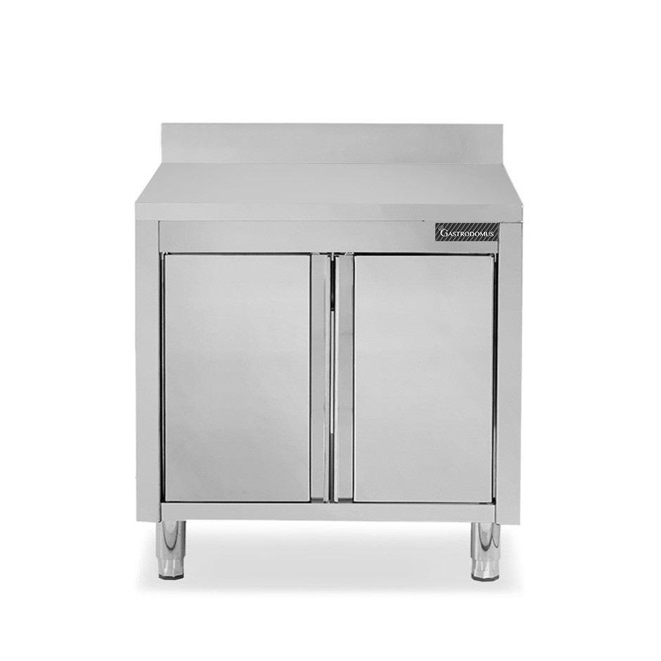 Tavolo armadiato inox con 2 porte battente, alzatina, L 900 mm x P 700 mm x H 950 mm