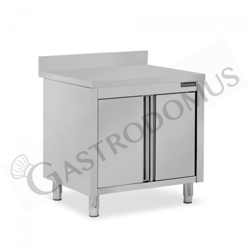 Tavolo armadiato inox con 2 porte battente, alzatina, L 900 mm x P 700 mm x H 950 mm